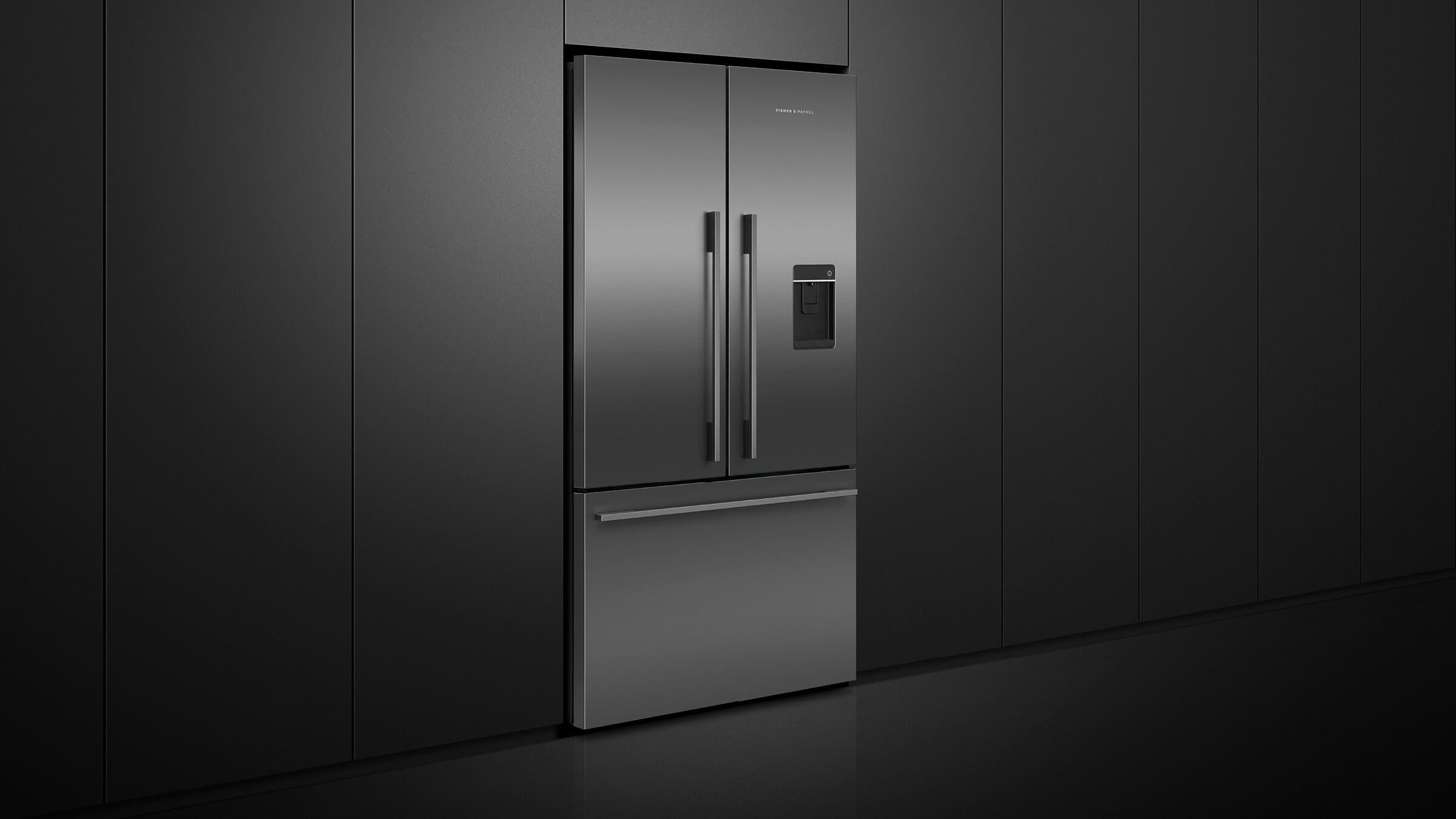 Freestanding French Door refrigerator with a minimalist profile in a contemporary kitchen