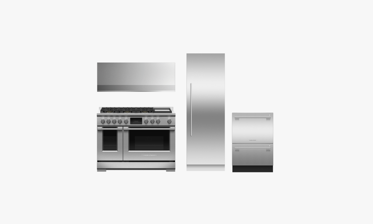 Freestanding range, built-in refrigerator, dishdrawer dishwasher and wall range hood