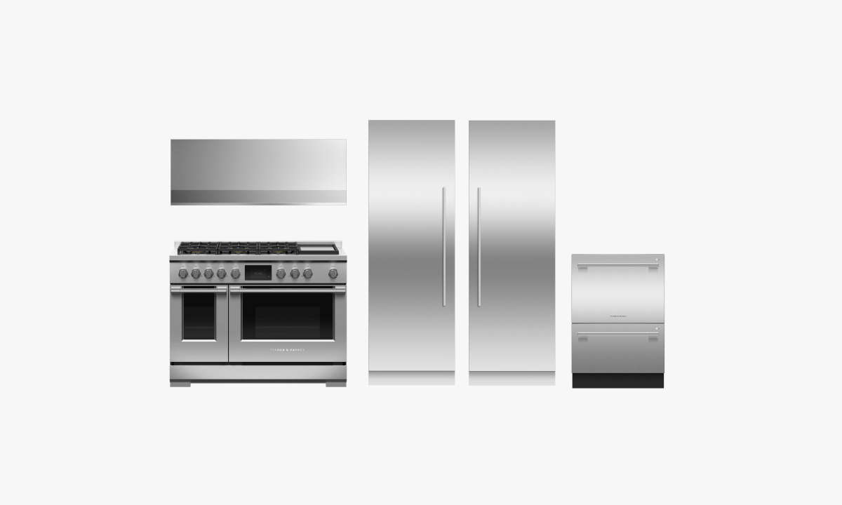 Freestanding range, double built-in refrigerator, double dishdrawer dishwasher and wall range hood